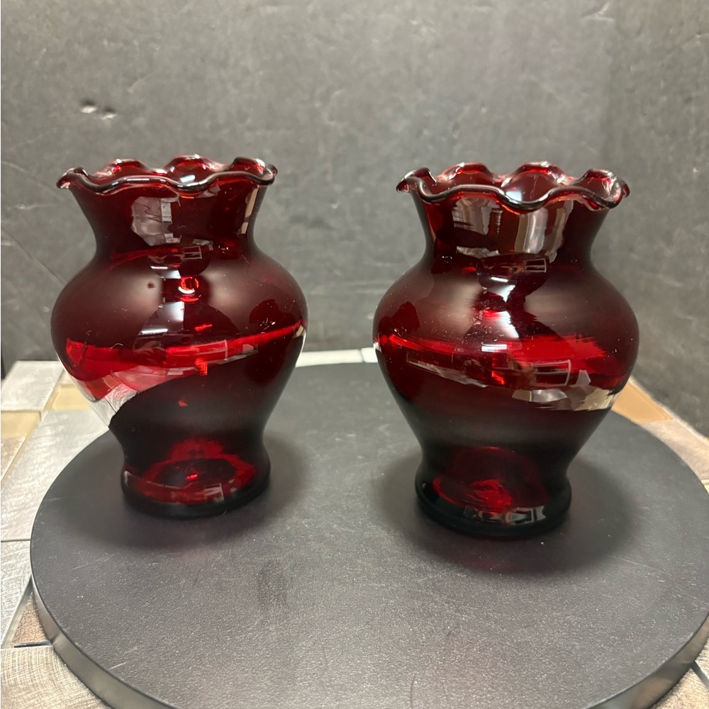 Pair of Vintage Anchor Hocking ruby red ruffle candle votives